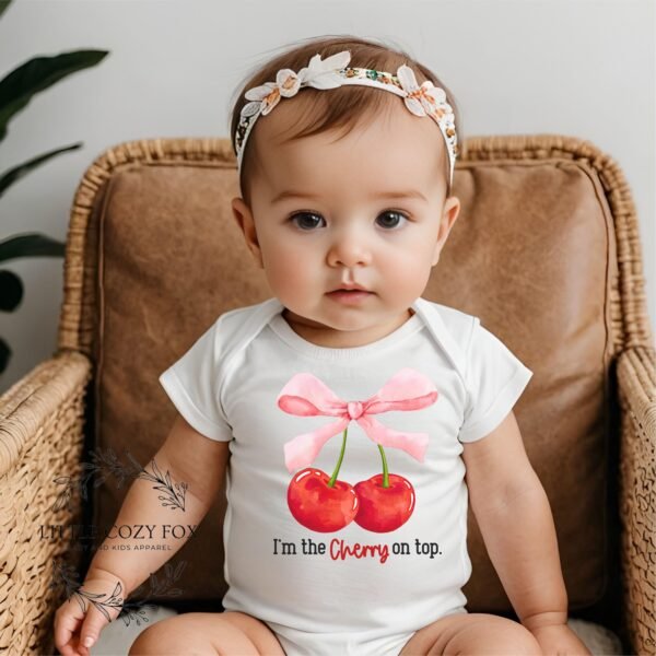 Coquette Bow with Cherries Baby Bodysuit-She's The Cherry On Top Baby Shower Gift- Trendy Baby Girl Clothes-Cherry Baby Outfit-Dessert Theme - Image 4