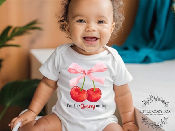Coquette Bow with Cherries Baby Bodysuit-She's The Cherry On Top Baby Shower Gift- Trendy Baby Girl Clothes-Cherry Baby Outfit-Dessert Theme - Image 7
