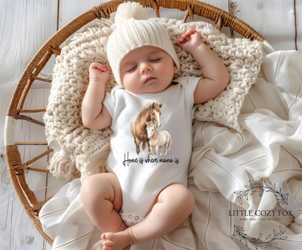 Home is where Mama is Horse Baby Onesie® Pony Baby Gift Horse Lover Baby Gift Horse Baby Shirt Foal Baby Bodysuit Farm Newborn - Image 3