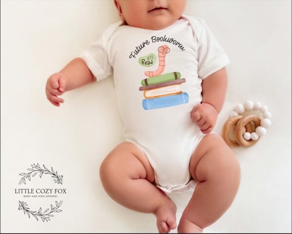 Future Bookworm Baby Onesie® Reading Themed Design-Cute Baby Outfit Future Bookworm & Book Stack Graphic Little Readers Whimsical Book Worm - Image 2