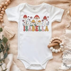 il_fullxfull.6667188248_7n3j.jpg Retro Mushroom Baby Outfit Custom Name Forest Design Boho Floral Theme for Nature-Loving-shirt-Cottagecore Nursery whimsical Gift