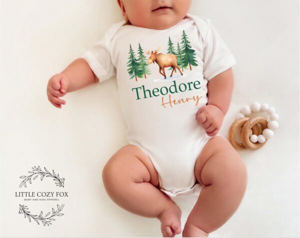 Personalized Woodland Baby Onesie® Custom Moose Bodysuit Rustic Forest Newborn Outfit Personalized Forest Baby Clothes - Image 3