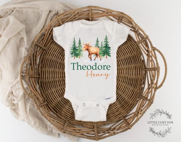 Personalized Woodland Baby Onesie® Custom Moose Bodysuit Rustic Forest Newborn Outfit Personalized Forest Baby Clothes - Image 2
