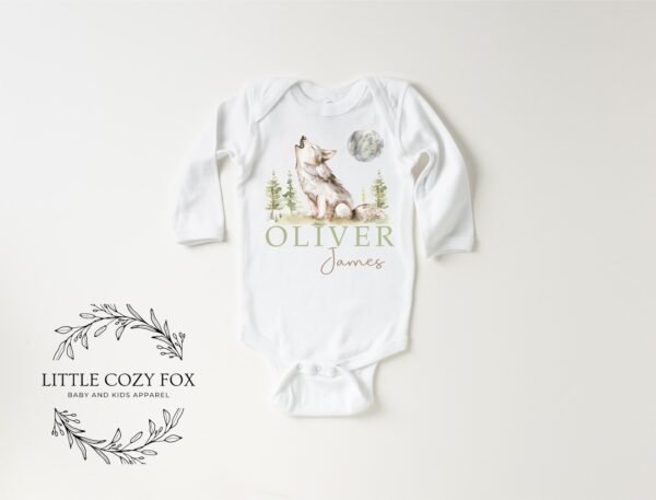 Woodland Baby Shower Gift Custom Wolf Onesie® Personalized Howling Wolf Bodysuit Forest Animal Baby Outfit Rustic Newborn Clothes - Image 5