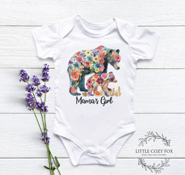 Mama’s Girl Floral Bear Shirt Whimsical Mother Daughter Baby Outfit Flower Bear Design Outfit Mama’s Girl Floral Bear Onesie® Nature-Themed