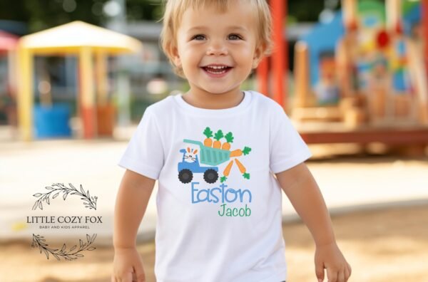 Personalized Easter Bunny Carrot Truck Baby Onesie® Bunny Whimsical Blue Truck Custom Name