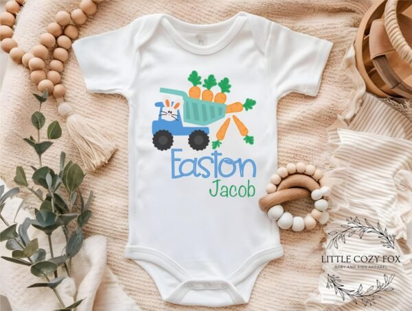 Personalized Easter Bunny Carrot Truck Baby Onesie® Bunny Whimsical Blue Truck Custom Name - Image 3