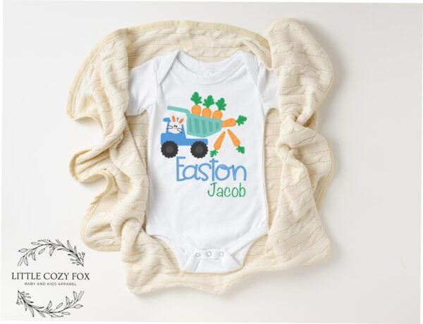 Personalized Easter Bunny Carrot Truck Baby Onesie® Bunny Whimsical Blue Truck Custom Name - Image 4