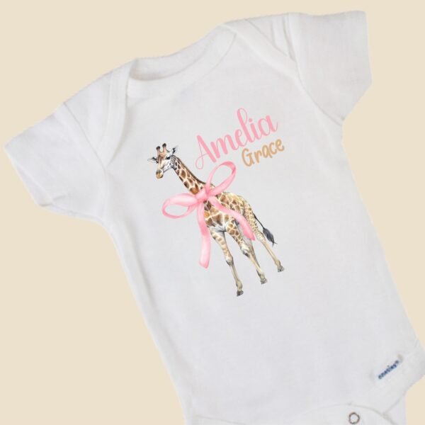 Personalized Giraffe Baby Onesie® Pink Coquette Bow Custom Name Gift Animal Print Baby Shower Present - Image 4