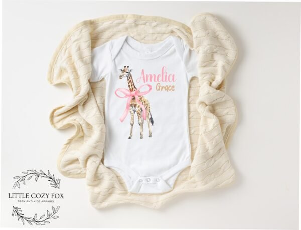 Personalized Giraffe Baby Onesie® Pink Coquette Bow Custom Name Gift Animal Print Baby Shower Present - Image 3