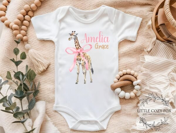 Personalized Giraffe Baby Onesie® Pink Coquette Bow Custom Name Gift Animal Print Baby Shower Present