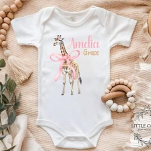 Personalized Giraffe Baby Onesie® Pink Coquette Bow Custom Name Gift Animal Print Baby Shower Present