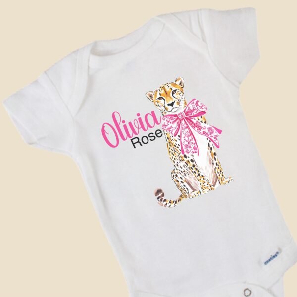 Personalized Baby Onesie® with Cheetah and Bow Design Animal Theme Baby Shower Gift - Image 5