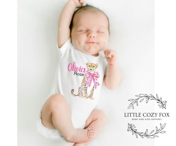 Personalized Baby Onesie® with Cheetah and Bow Design Animal Theme Baby Shower Gift