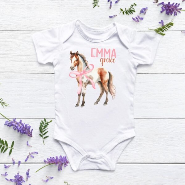 Personalized Horse Baby Onesie® Custom Baby Gift With Name Equestrian Coquette Bow Baby Outfit - Image 9