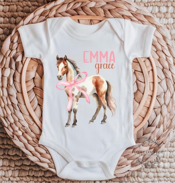 Personalized Horse Baby Onesie® Custom Baby Gift With Name Equestrian Coquette Bow Baby Outfit - Image 2