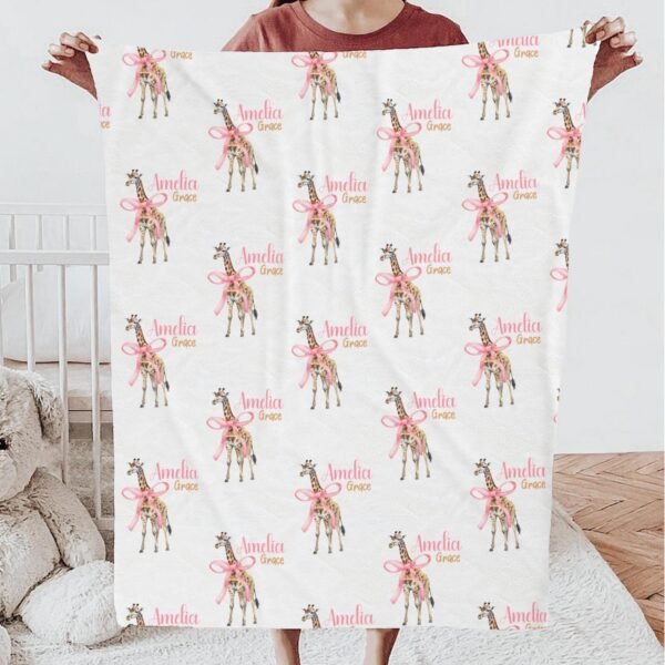 Personalized Baby Name Giraffe Pink Coquette Bow Blanket Zoo Animal Nursery Decor Custom Newborn Toddler Gift Coming Home Baby Shower Gift
