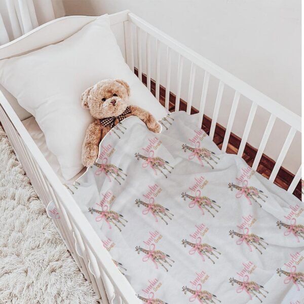 Personalized Baby Name Giraffe Pink Coquette Bow Blanket Zoo Animal Nursery Decor Custom Newborn Toddler Gift Coming Home Baby Shower Gift - Image 7