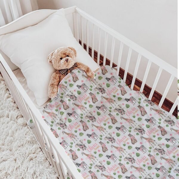 Zoo Animal Personalized Baby Safari Blanket Giraffe Elephant Pink Coquette Bow Custom Name Baby Shower Newborn Gift - Image 2