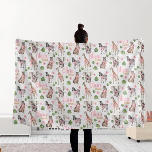 Zoo Animal Personalized Baby Safari Blanket Giraffe Elephant Pink Coquette Bow Custom Name Baby Shower Newborn Gift - Image 4