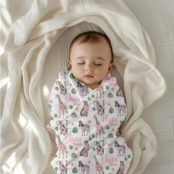 Zoo Animal Personalized Baby Safari Blanket Giraffe Elephant Pink Coquette Bow Custom Name Baby Shower Newborn Gift - Image 8