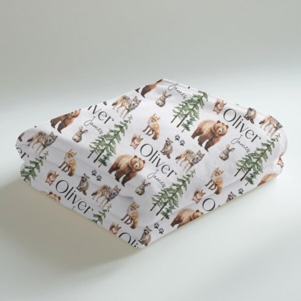 Woodland Animal Personalized Baby Blanket Forest Friends Fox Bear and Raccoon Design - Image 5
