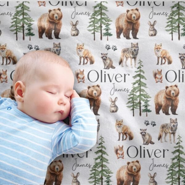 Woodland Animal Personalized Baby Blanket Forest Friends Fox Bear and Raccoon Design - Image 8