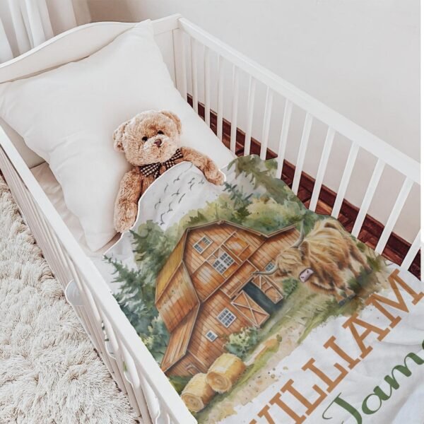 Personalized Farmhouse Baby Blanket with Name Rustic Barn Scene Theme Highland Cow Baby Shower Gift - Image 7