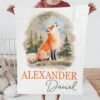 Fox Custom Name Baby Blanket with Personalized Forest Animal Theme Newborn Gift Watercolor Photoshoot Prop