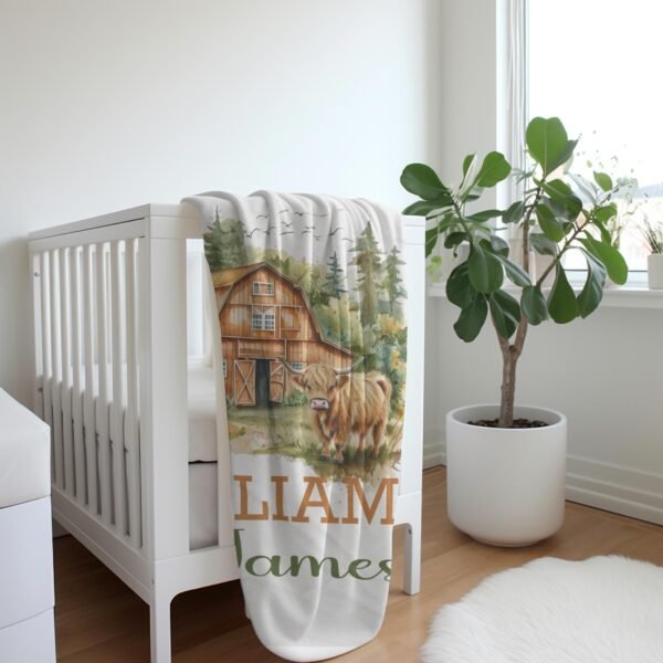 Personalized Farmhouse Baby Blanket with Name Rustic Barn Scene Theme Highland Cow Baby Shower Gift - Image 9