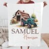 Rustic Barn Scene Custom Name Personalized Farm Tractor Baby Blanket Toddler Keepsake Bedding Gift