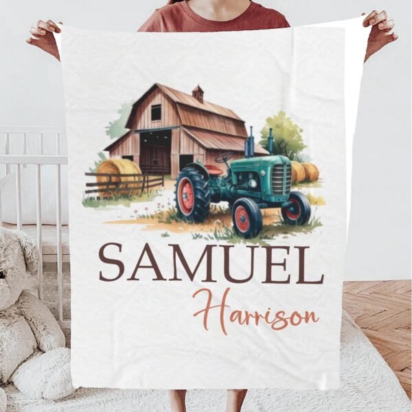 Personalized Farm Tractor Baby Blanket with Rustic Barn Scene Custom Name Toddler Keepsake Bedding Gift - Image 6