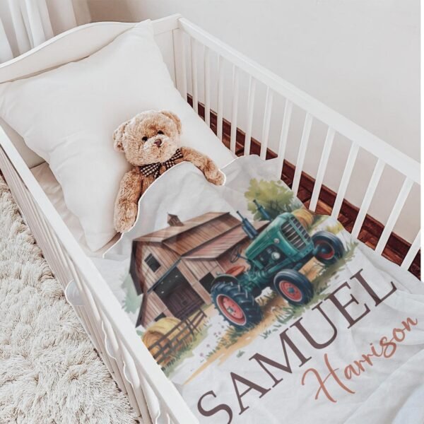 Rustic Barn Scene Custom Name Personalized Farm Tractor Baby Blanket Toddler Keepsake Bedding Gift - Image 6