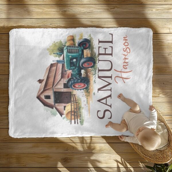 Personalized Farm Tractor Baby Blanket with Rustic Barn Scene Custom Name Toddler Keepsake Bedding Gift - Image 10