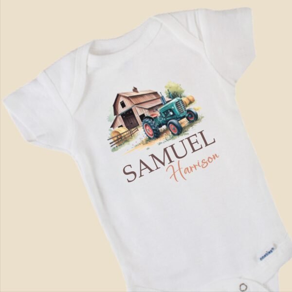 Personalized Farmhouse Tractor Baby Onesie® Custom Name Unique Newborn Gift - Image 2