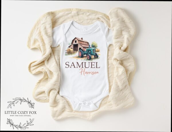 Personalized Farmhouse Tractor Baby Onesie® Custom Name Unique Newborn Gift - Image 4