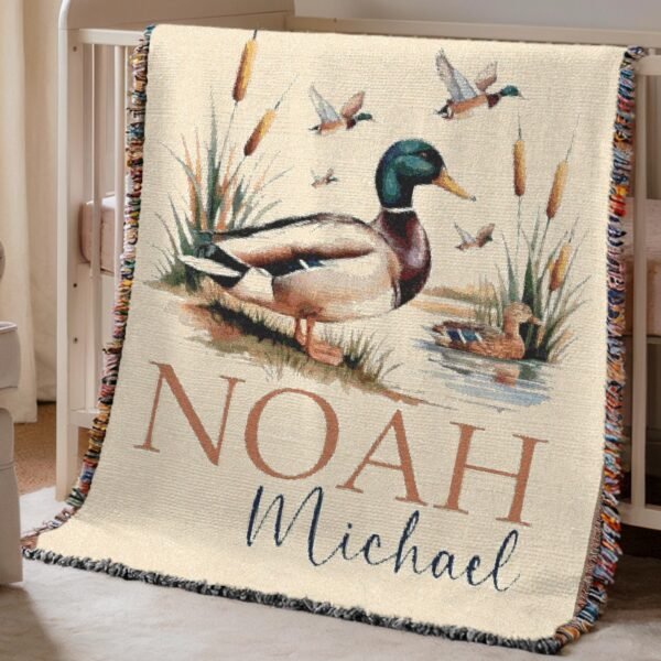 Custom Duck Hunter Woven Baby Blanket - Personalized Woodland Mallard Duck Cotton Tapestry Nature Nursery Decor - Unique Baby Shower Gift - Image 2