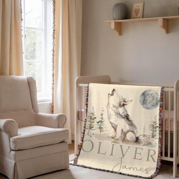 Woodland Baby Blanket Wolf Nursery Decor Forest Theme Crib Blanket - Personalized Cotton Tapestry Nature - Unique Baby Shower Gift - Image 6