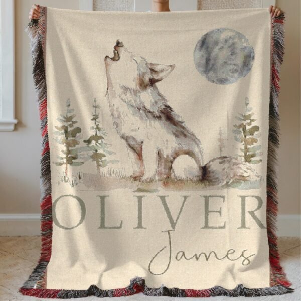 Woodland Baby Blanket Wolf Nursery Decor Forest Theme Crib Blanket - Personalized Cotton Tapestry Nature - Unique Baby Shower Gift - Image 2