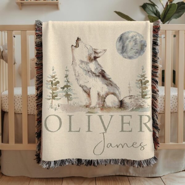Woodland Baby Blanket Wolf Nursery Decor Forest Theme Crib Blanket - Personalized Cotton Tapestry Nature - Unique Baby Shower Gift