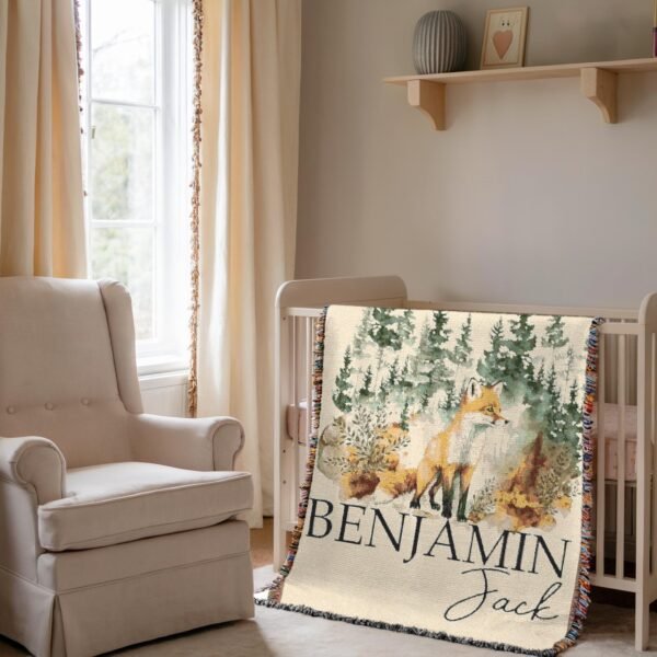 Personalized Woodland Fox Baby Blanket Forest Nursery Decor Custom Baby Gift Cozy Keepsake Woven Blanket - Image 6