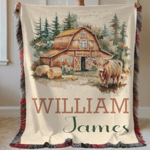 Personalized Barn Highland Cow Baby Blanket with Custom Name Rustic Barn Scene Woven Blanket Tapestry - Image 4