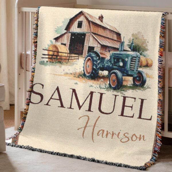 Personalized Woven Blanket Farm Vintage Tractor Baby Blanket with Rustic Barn Scene Baby Boy Custom Name Heirloom Nursery Bedding Gift - Image 2