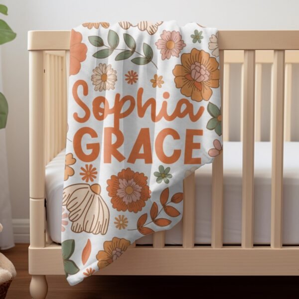 Personalized Floral Groovy Flower Name Blanket Retro Boho Custom Baby Name Gift Floral Nursery Decor - Image 6