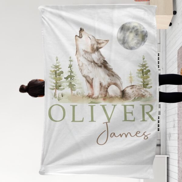 Personalized Wolf Baby Blanket Woodland Nursery Decor Custom Name Blanket Woodland Nursery Gift - Image 8