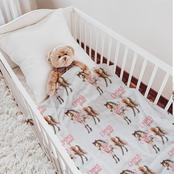 Personalized Horse Pink Coquette Bow Blanket Custom Baby Girl Gift Unique Equestrian Theme Keepsake Cozy Nursery Toddler Kids Gift - Image 7