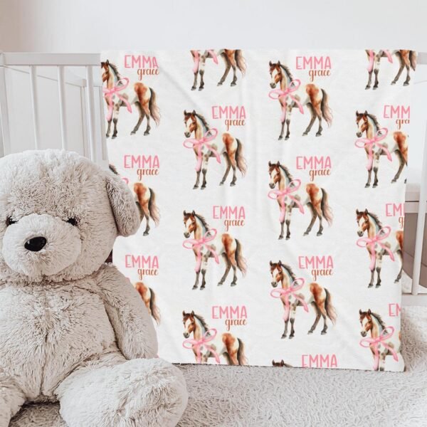 Personalized Horse Pink Coquette Bow Blanket Custom Baby Girl Gift Unique Equestrian Theme Keepsake Cozy Nursery Toddler Kids Gift