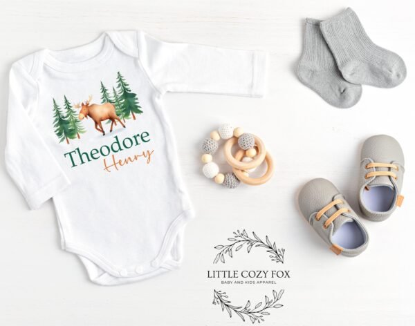 Personalized Woodland Baby Onesie® Custom Moose Bodysuit Rustic Forest Newborn Outfit Personalized Forest Baby Clothes - Image 5