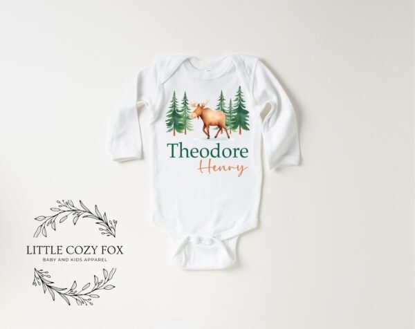 Personalized Woodland Baby Onesie® Custom Moose Bodysuit Rustic Forest Newborn Outfit Personalized Forest Baby Clothes - Image 4