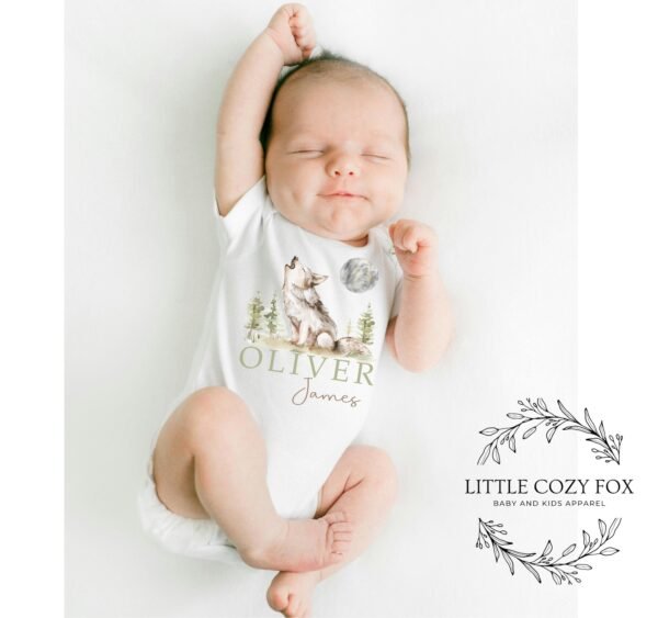 Woodland Baby Shower Gift Custom Wolf Onesie® Personalized Howling Wolf Bodysuit Forest Animal Baby Outfit Rustic Newborn Clothes - Image 2